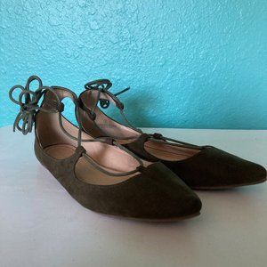 Regency Inspired Lace Up Army Green Suede Flats